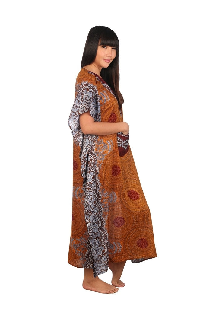 Women's handmade brown printed kaftan, lightweight rayon, one size fits US 2-14