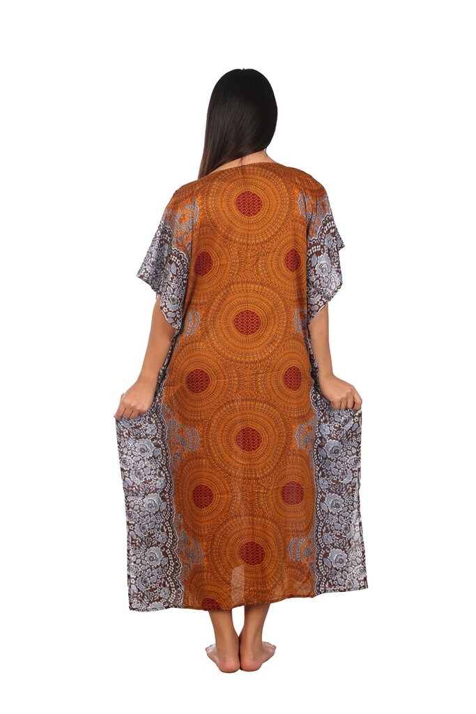 Boho style brown kaftan dress for beach and festivals, soft rayon fabric