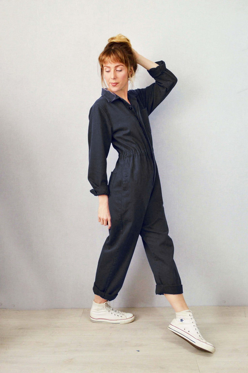 Unisex black herringbone cotton French workwear boilersuit with button front