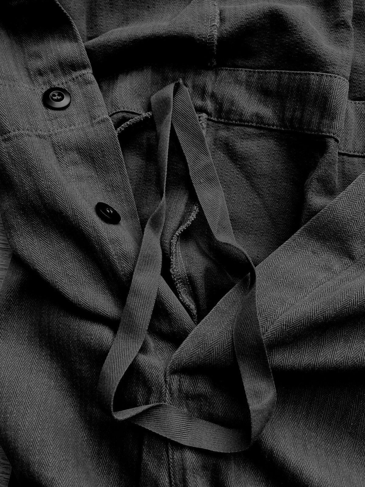 Black herringbone cotton coveralls, unisex fit, sizes XS to 2XL