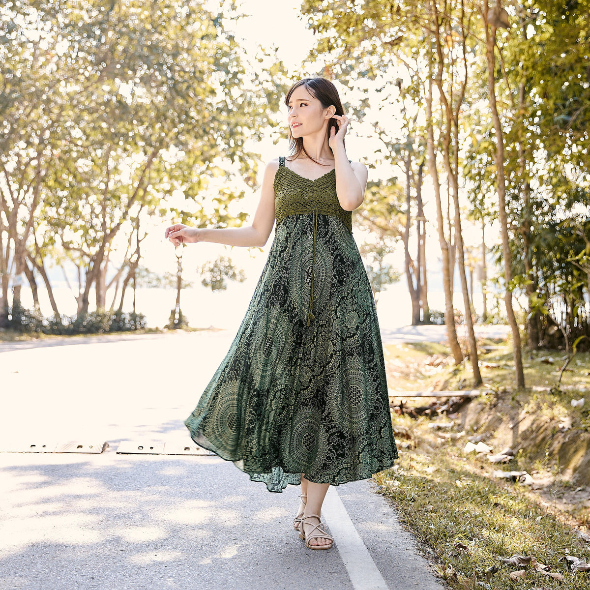 Green boho dress with crochet top and adjustable straps for summer