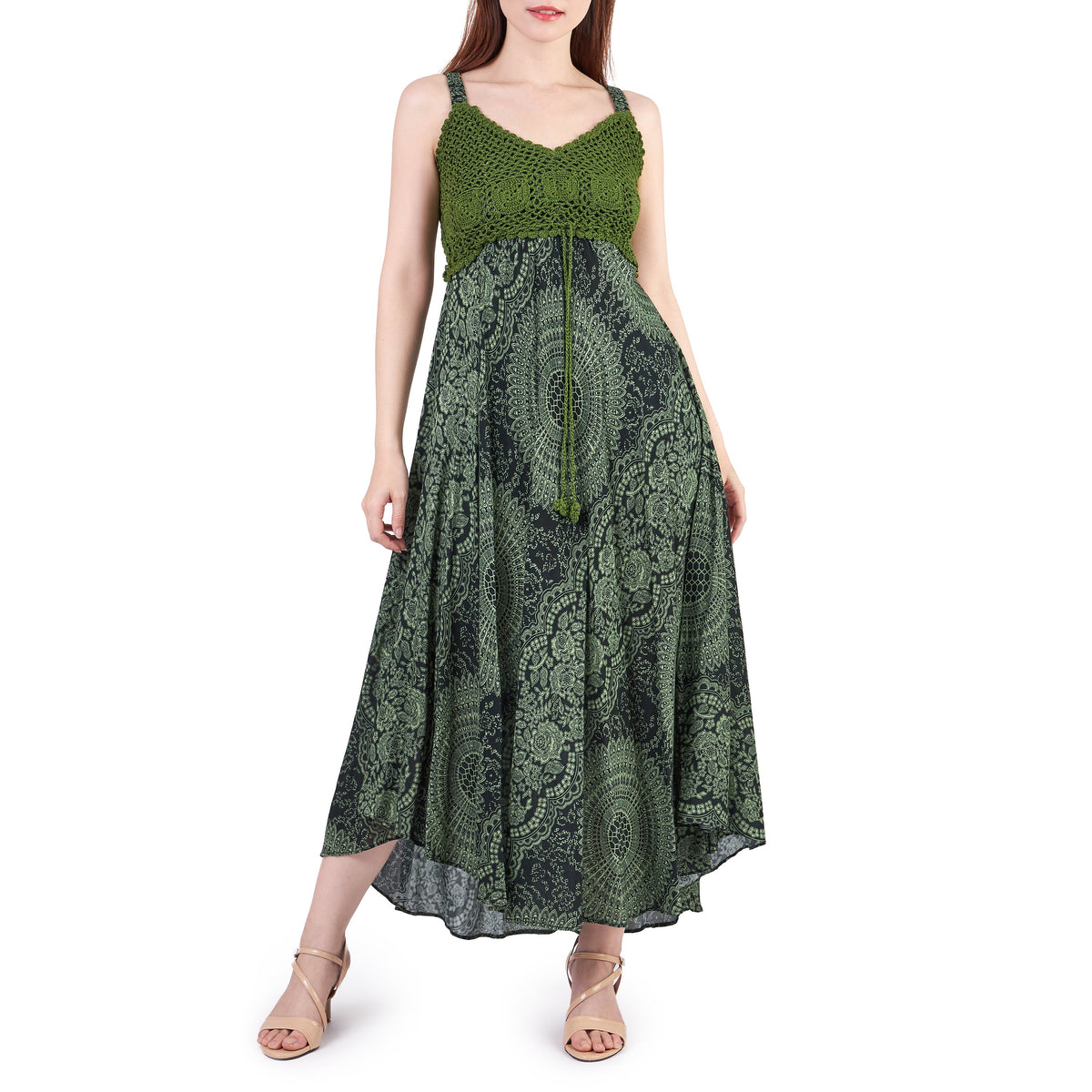Hippie summer sundress in printed green rayon with smocked chest