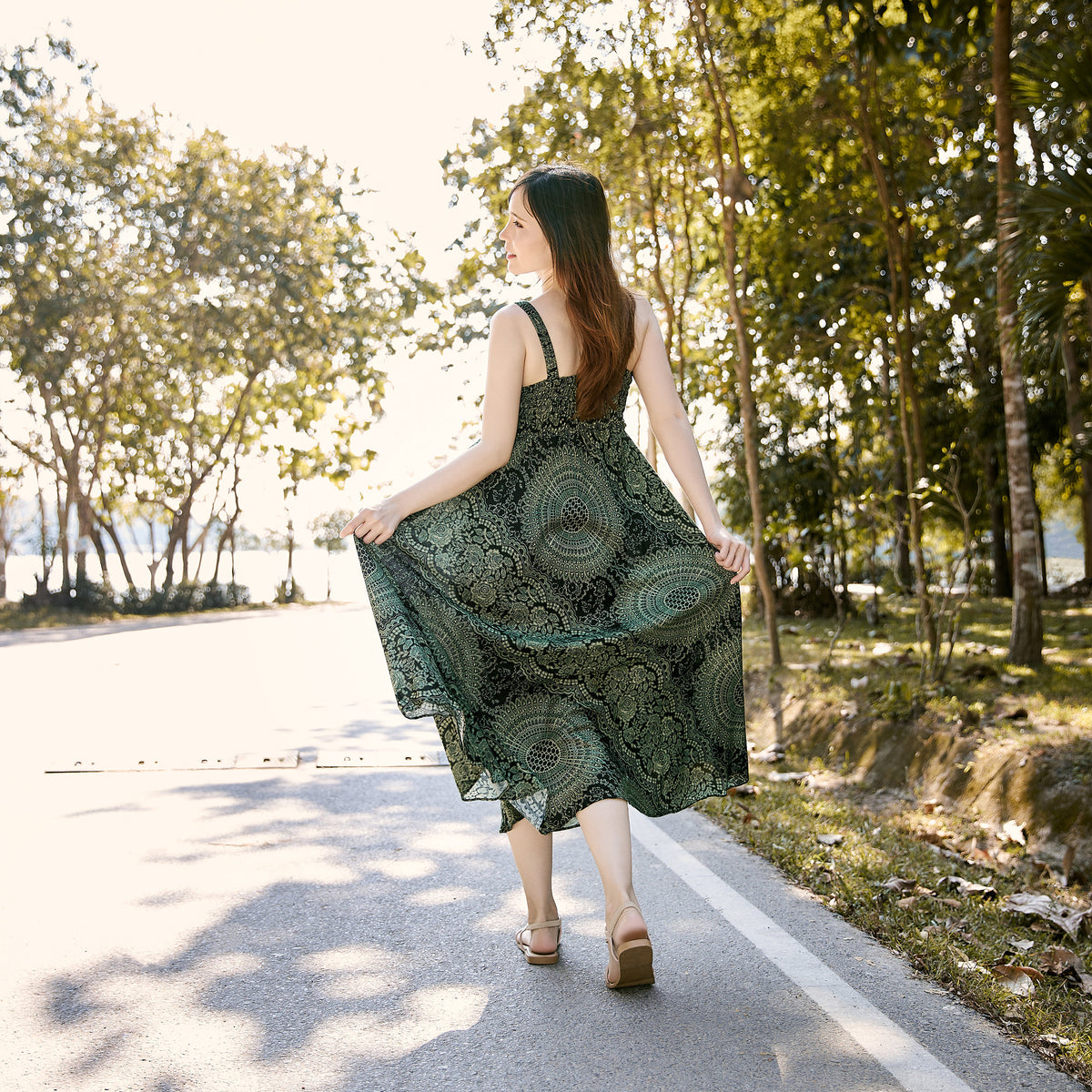 Bohemian wedding guest dress with crochet top and flowing hem