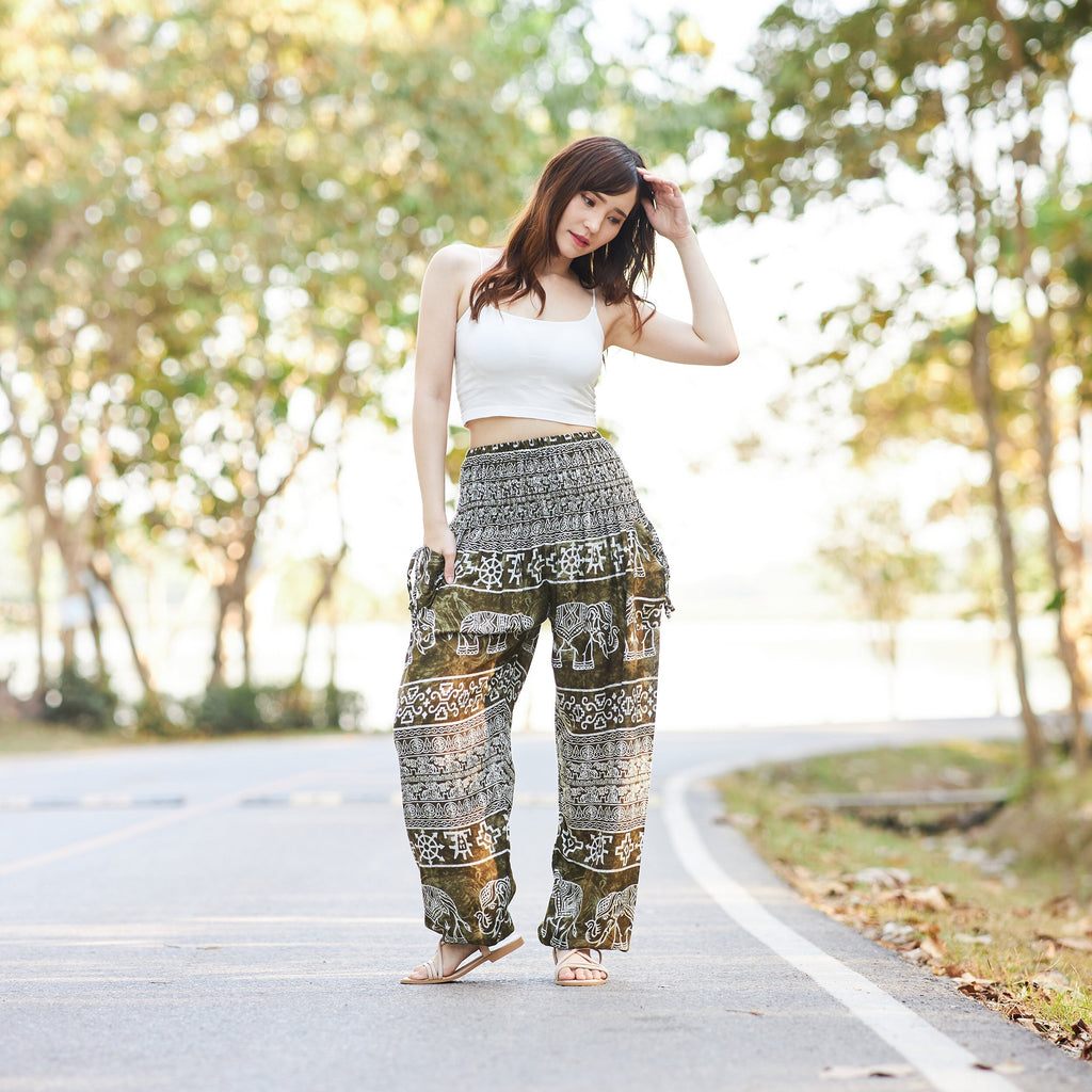 Green elephant print harem pants in soft rayon fabric for boho style