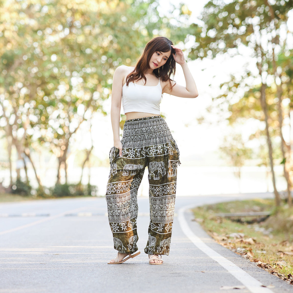 Green elephant print harem pants in soft rayon fabric for boho style
