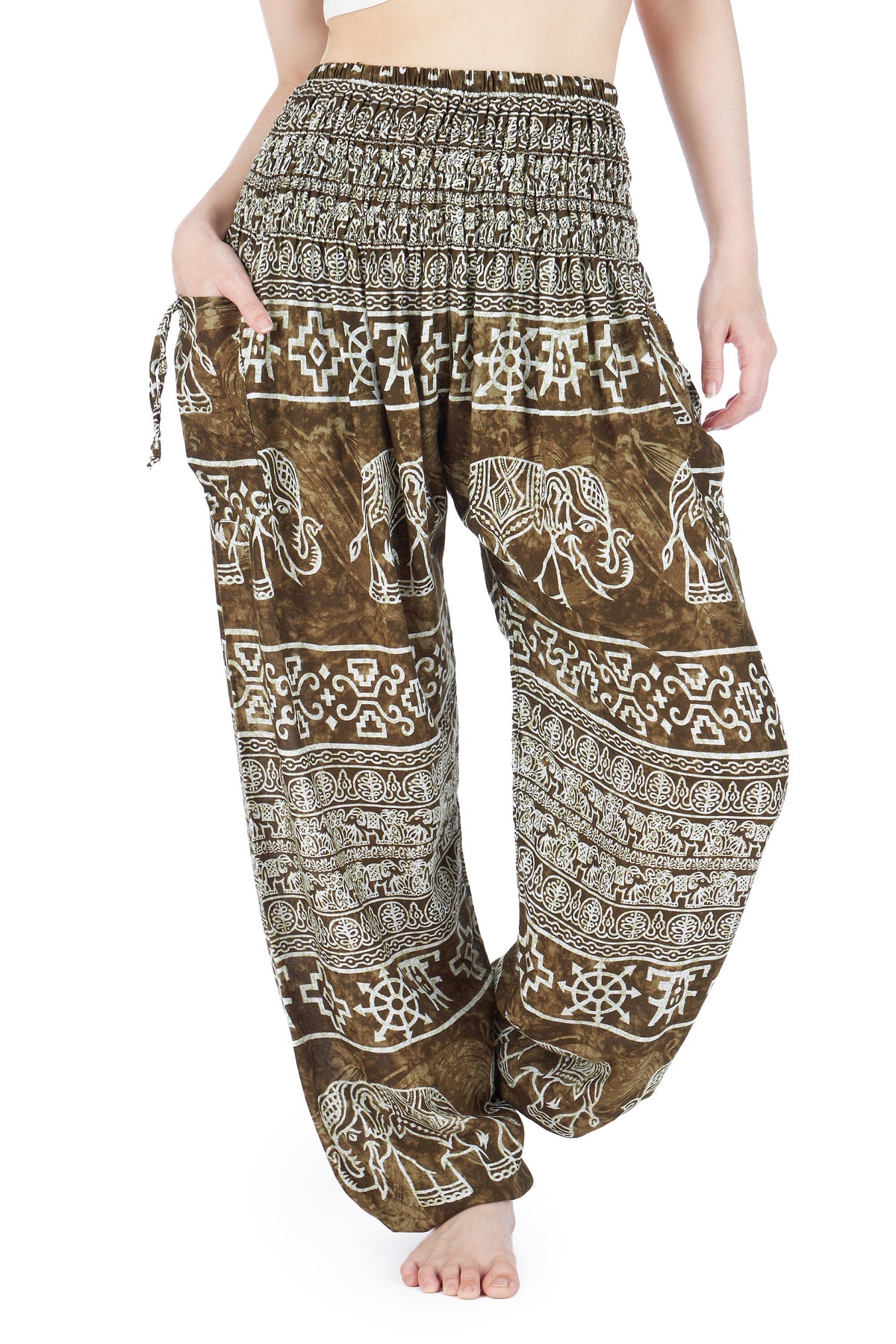 Boho rayon yoga lounge pants with green elephant print and pockets