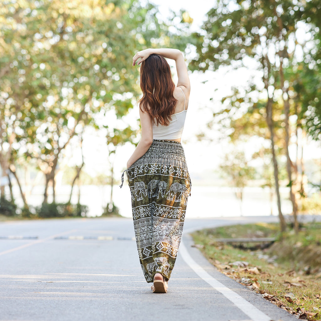 Handmade green elephant harem pants for women, lightweight and comfortable