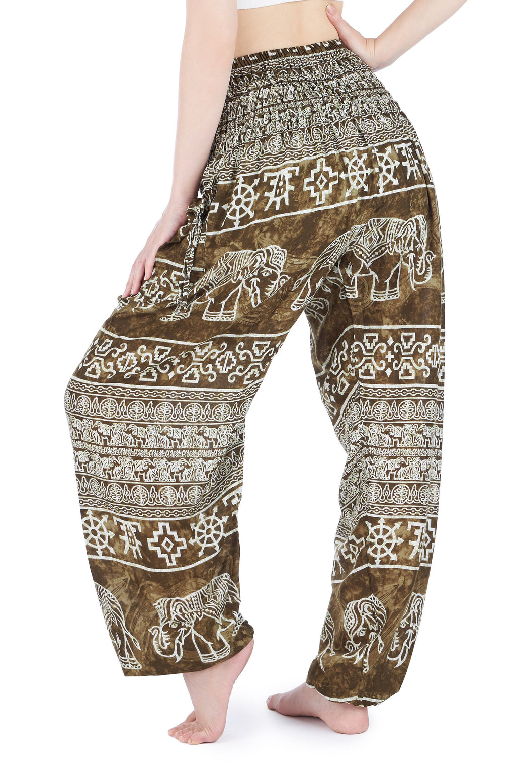 Green elephant yoga pants in soft rayon, perfect for travel and relaxation