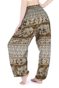 Green elephant yoga pants in soft rayon, perfect for travel and relaxation