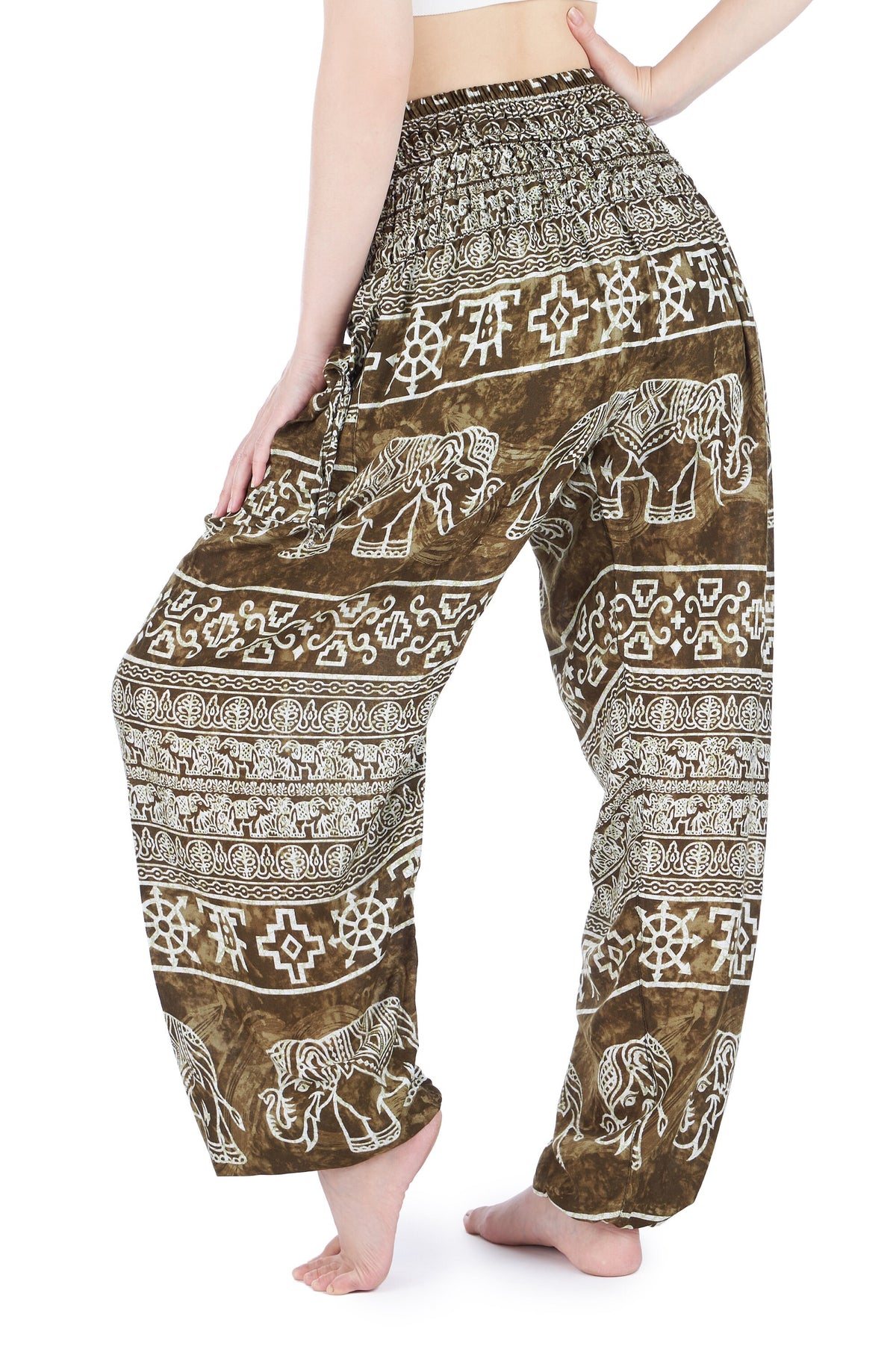 Green elephant yoga pants in soft rayon, perfect for travel and relaxation