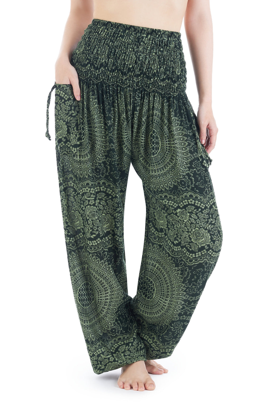 Boho harem yoga pants in green floral print handmade rayon fabric