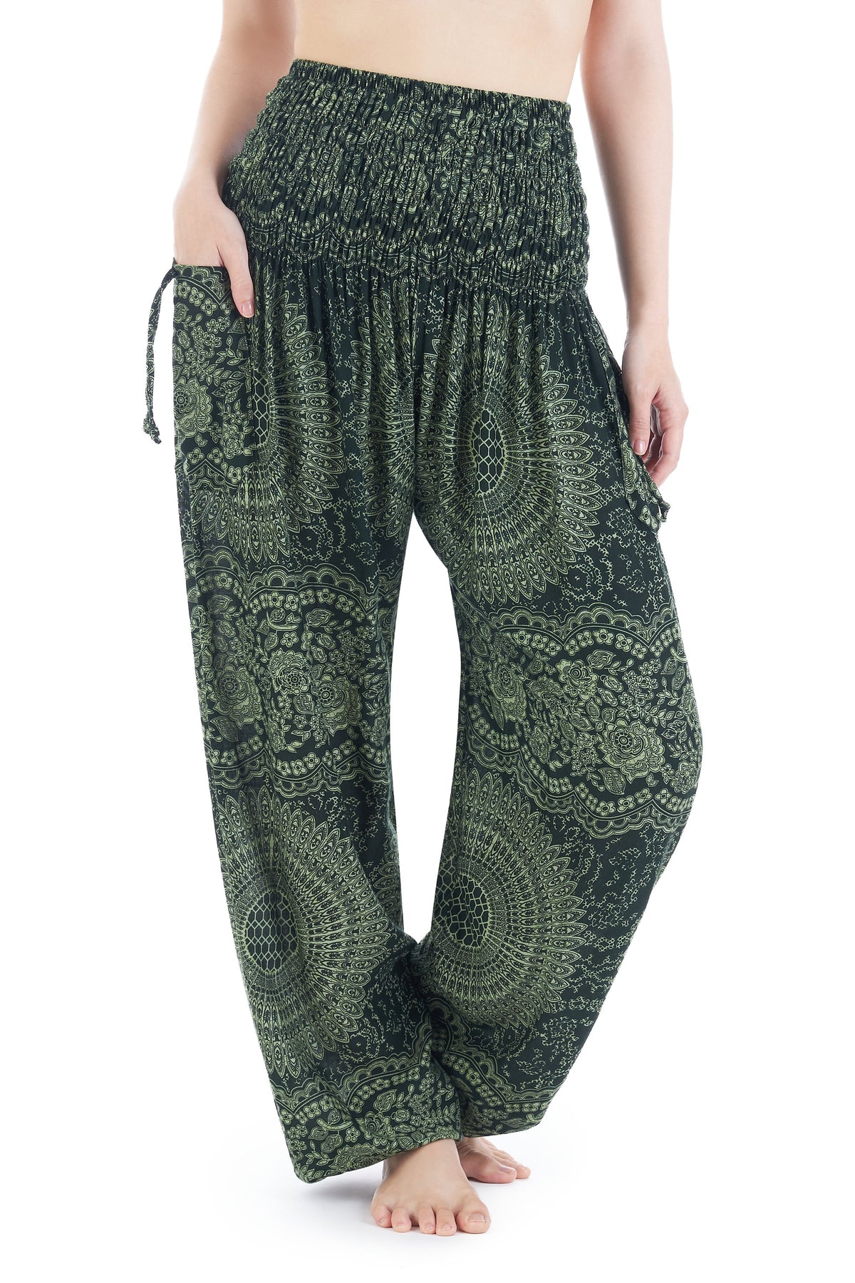 Boho harem yoga pants in green floral print handmade rayon fabric
