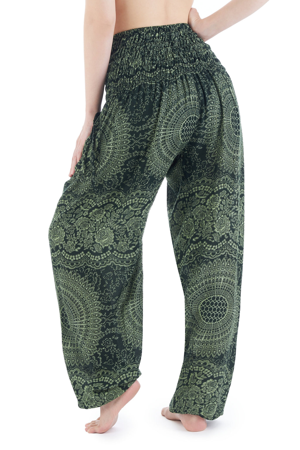 Green floral boho pants with adjustable waist and two pockets