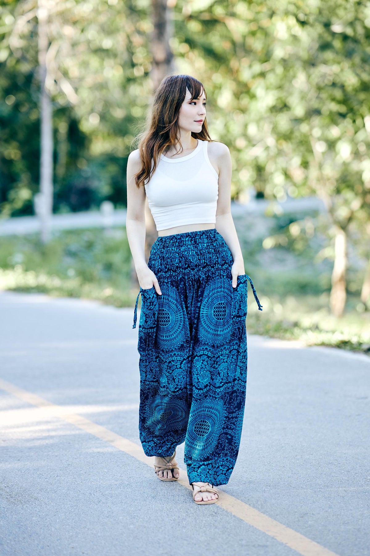 Green floral harem yoga pants with pockets for iPhone