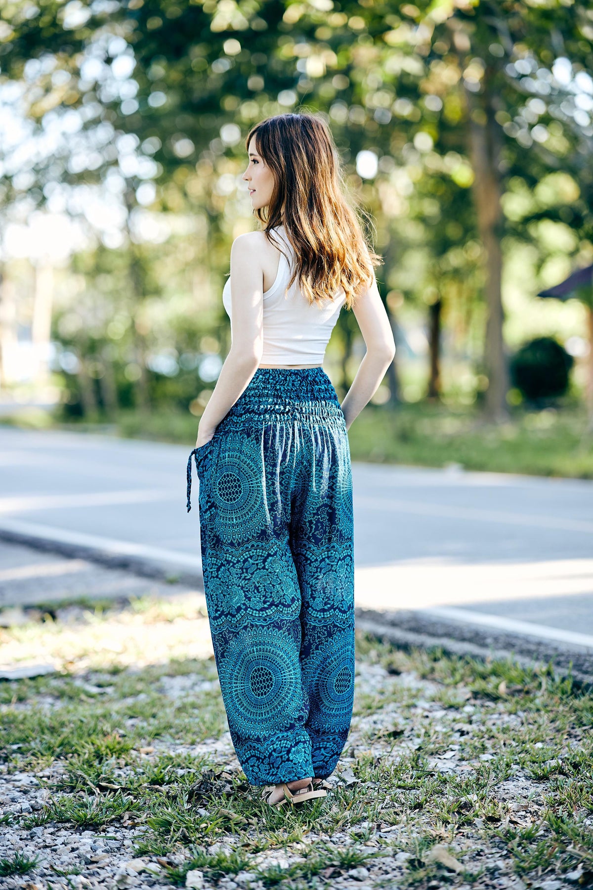 Women's green floral boho harem pants fall fashion gift for her