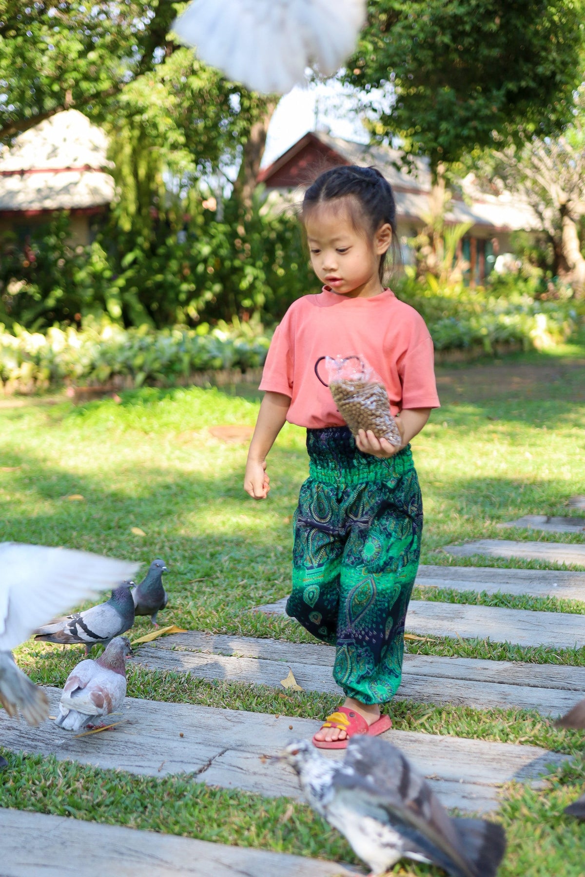 Handmade Thai harem pants for kids in green water drop design