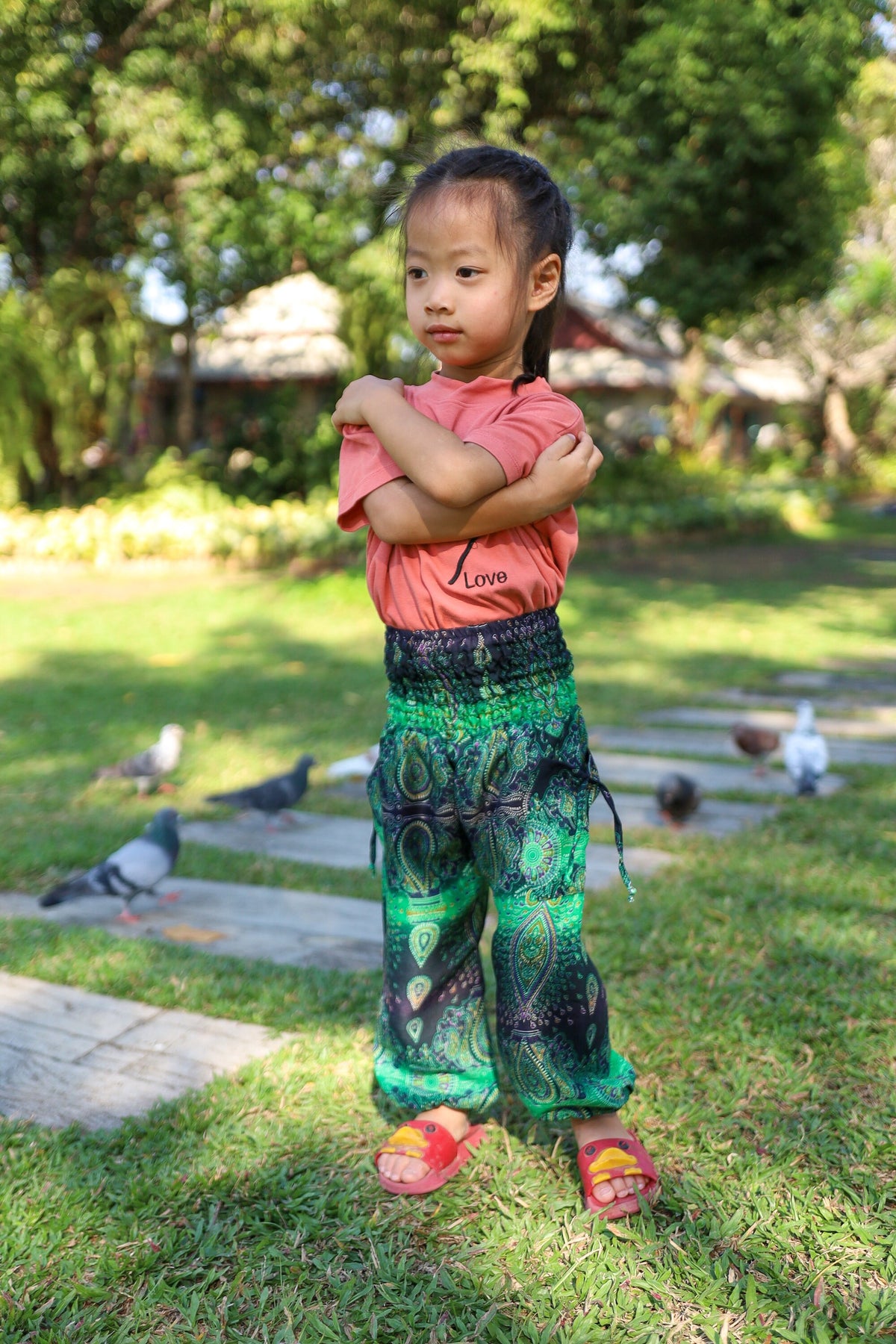 Boys and girls green harem yoga pants with soft elastic waistband