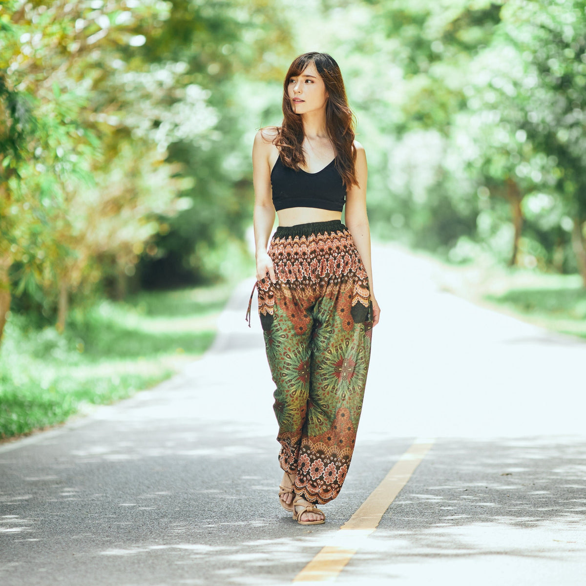 Green mandala harem pants women boho hippie flowy yoga trousers