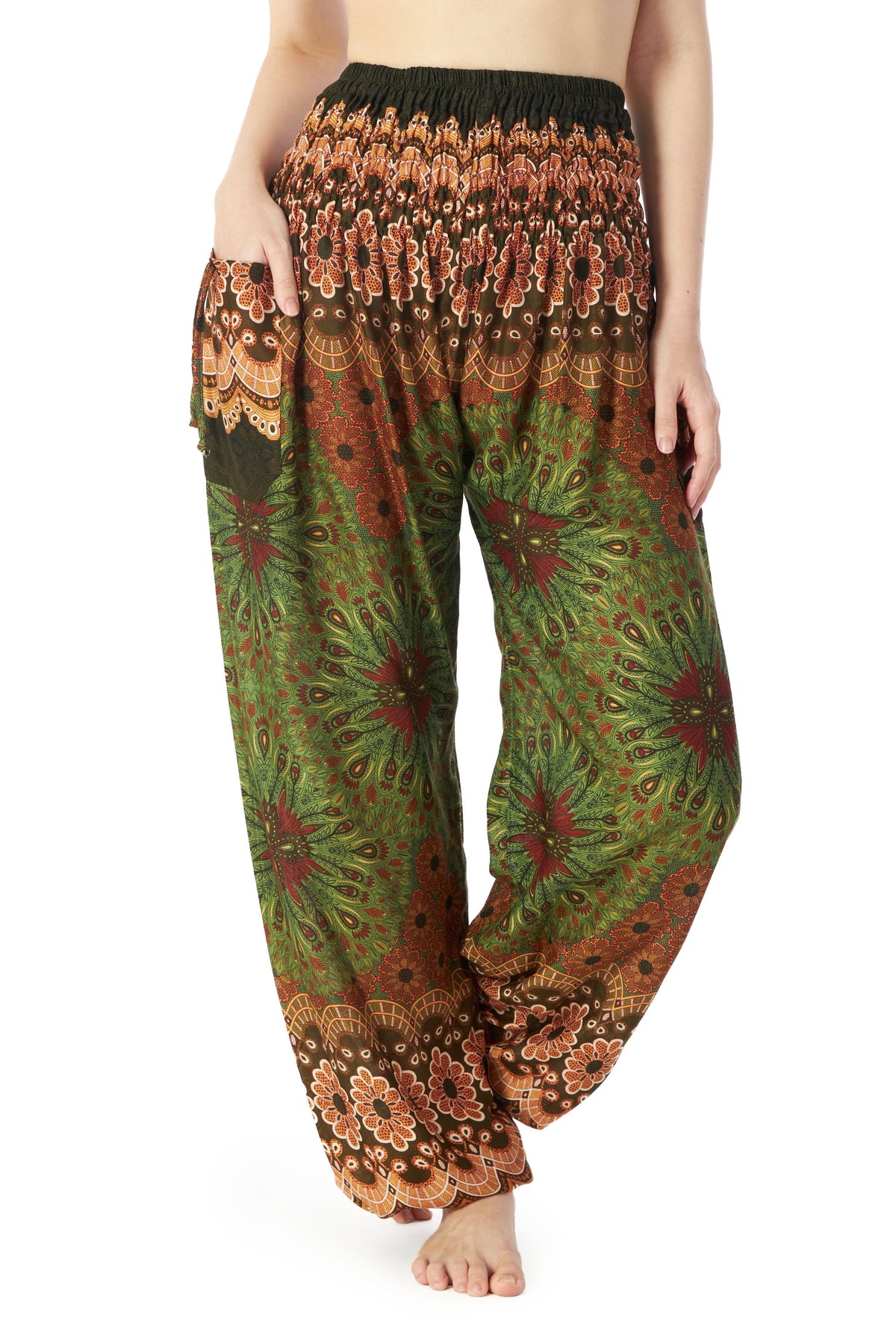 Smocked waist aladdin trousers for women in green printed rayon