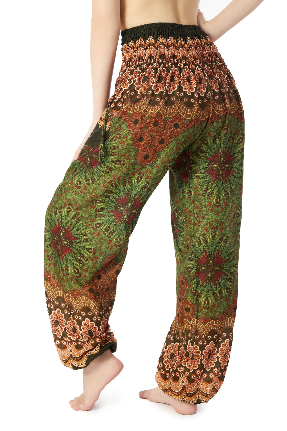 Plus size green harem pants with two pockets and adjustable waist