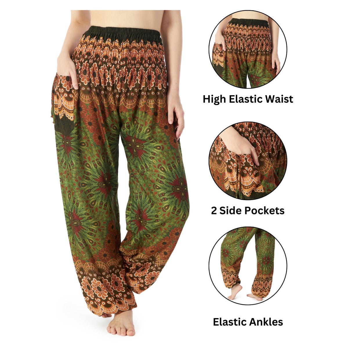Handmade boho hippie pants for yoga and festivals in green mandala
