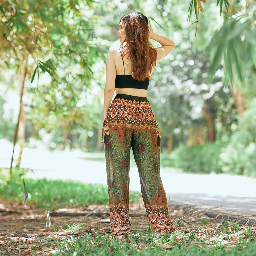 Lightweight rayon harem yoga pants for women in green flower print