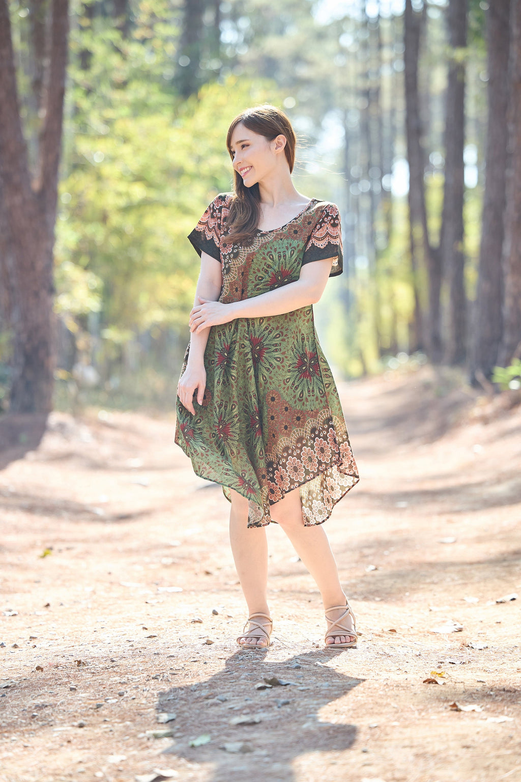 Green mandala rayon sundress with pockets and short sleeves for summer