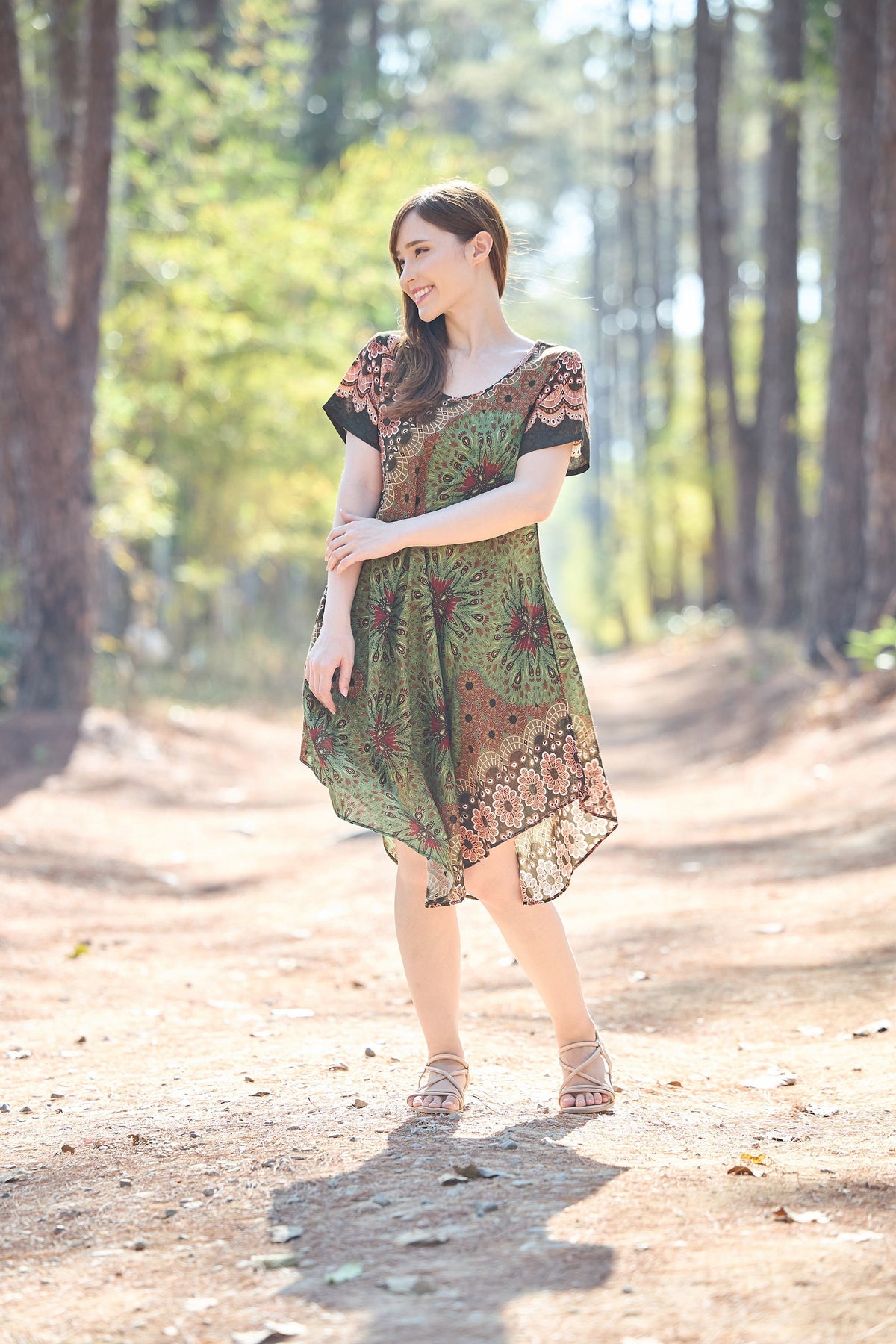 Green mandala rayon sundress with pockets and short sleeves for summer