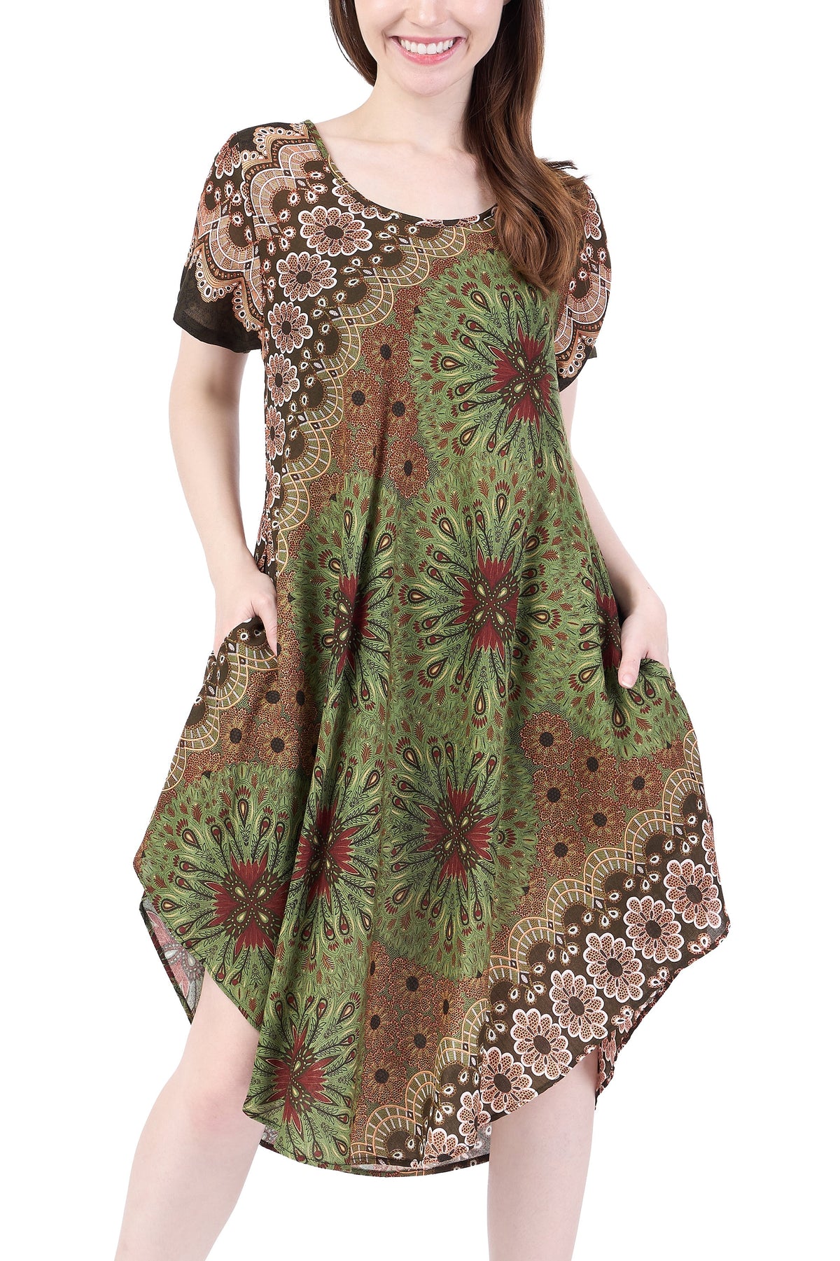 Boho women's short sleeve dress in printed green rayon with side pockets