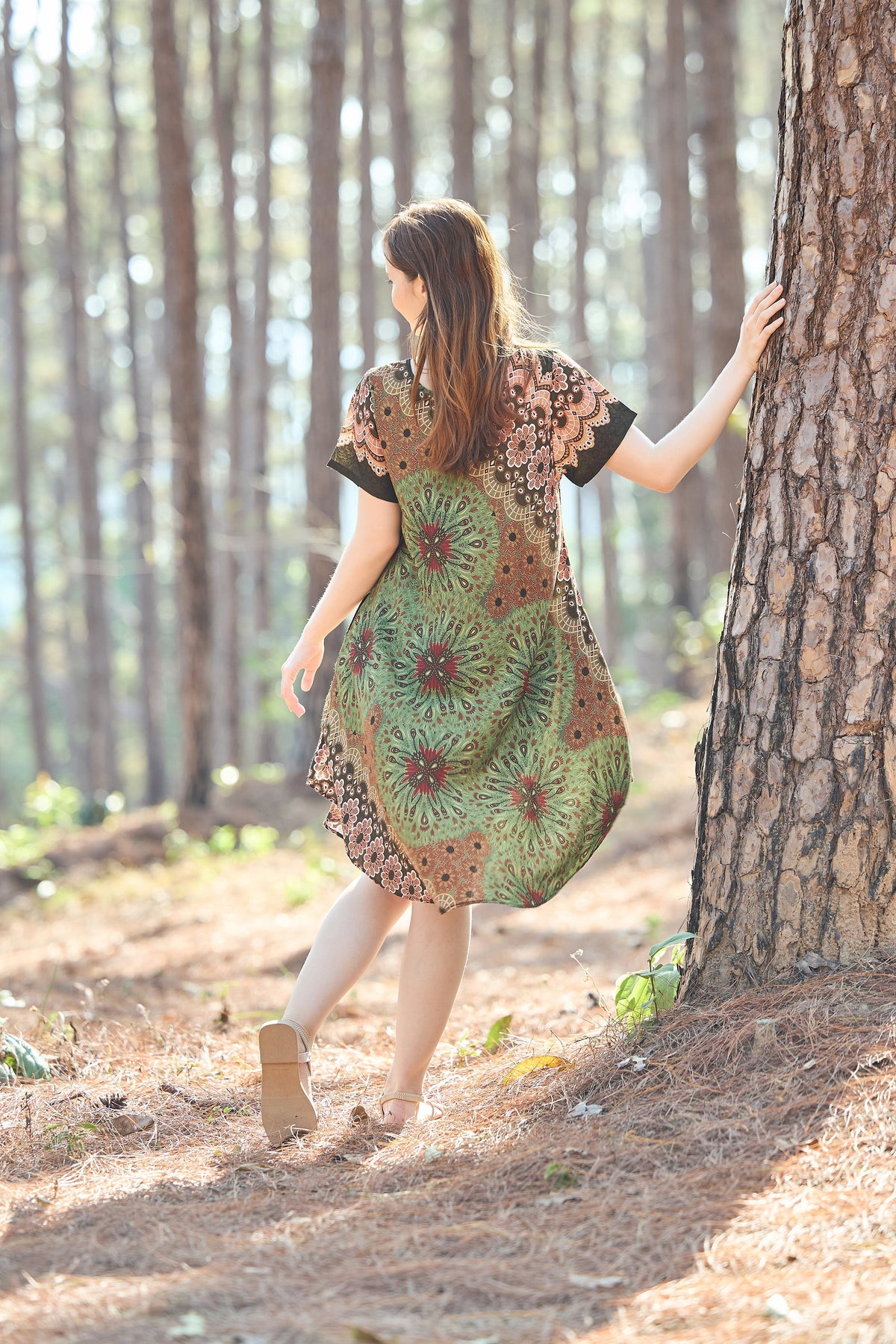 Handmade green flower mandala dress with two pockets and pull-on closure