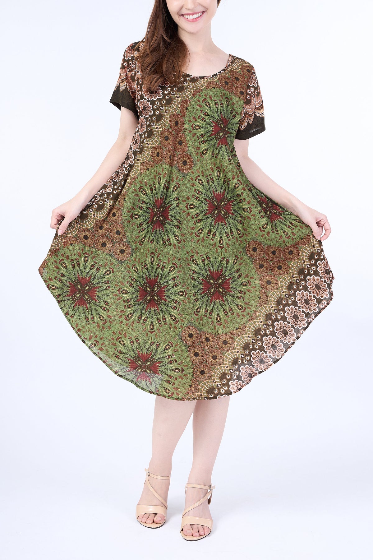 Knee-length bohemian sundress with pockets in green mandala print