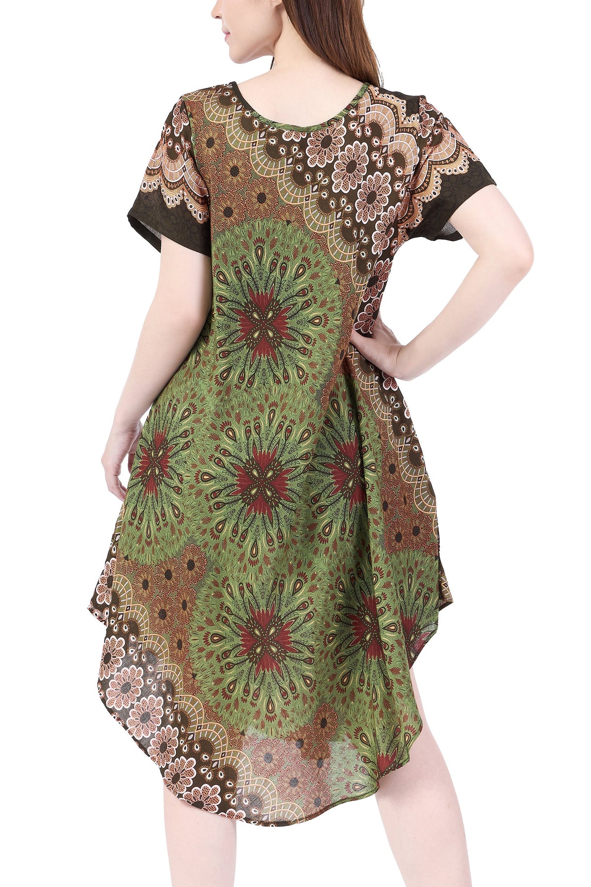 Hippie style green rayon dress with sleeves and handy side pockets