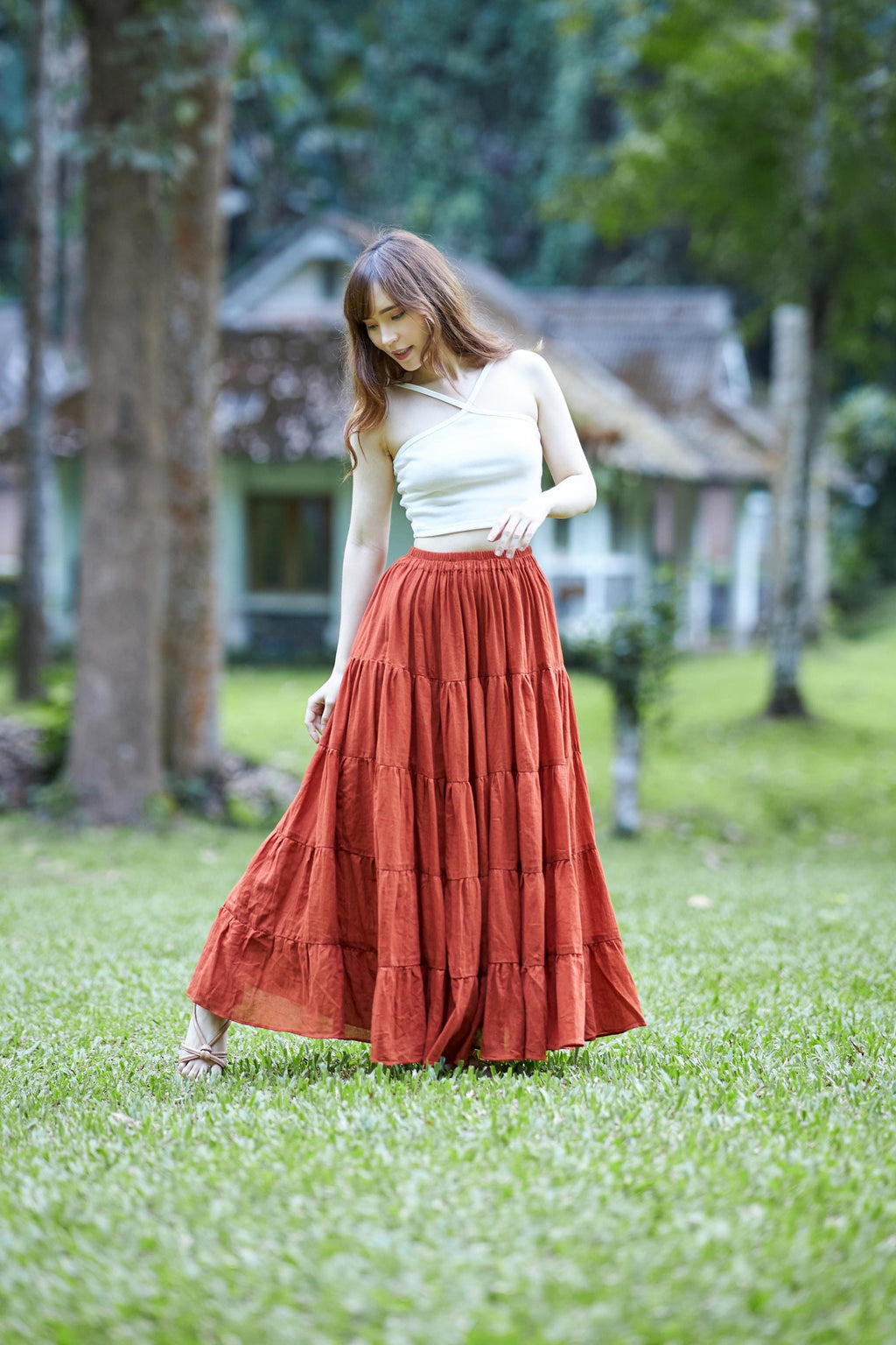 Green peasant skirt with elastic waist and ruffles
