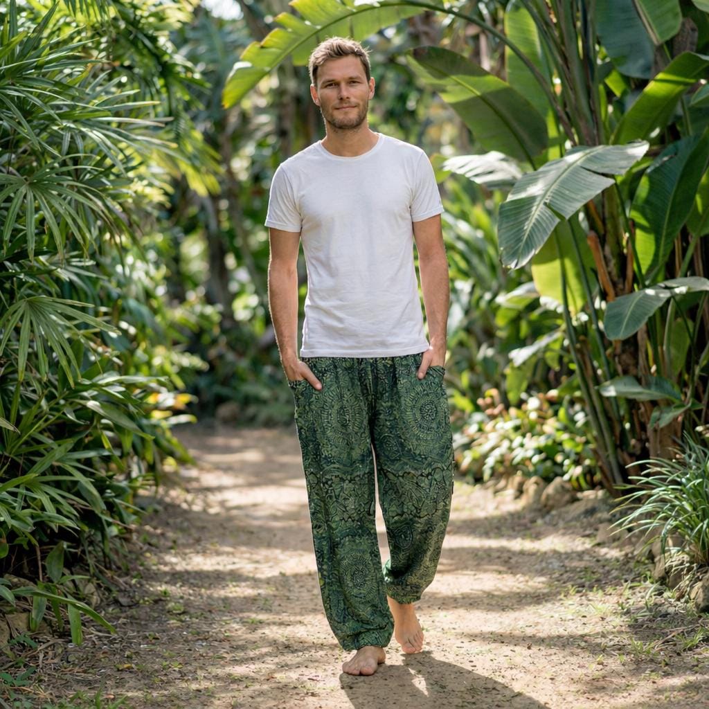 Green floral harem pants for men with elastic waist and drawstring