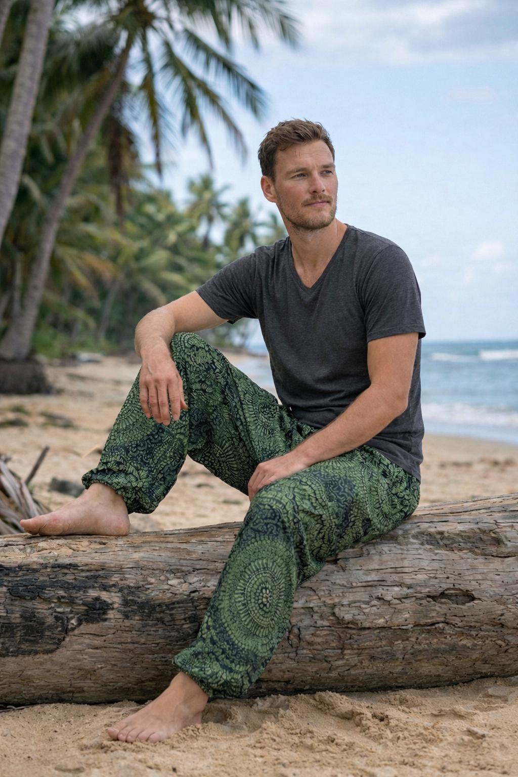 Men's psychedelic festival clothing green floral pants