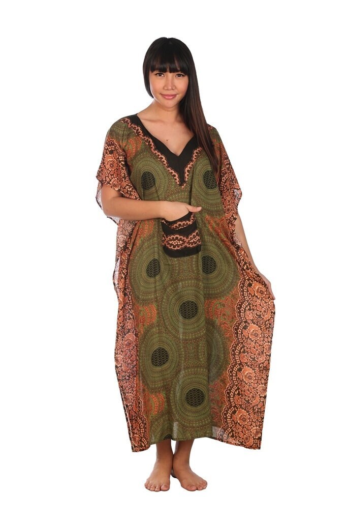 Green rayon kaftan dress with bohemian floral print for summer beach cover-up