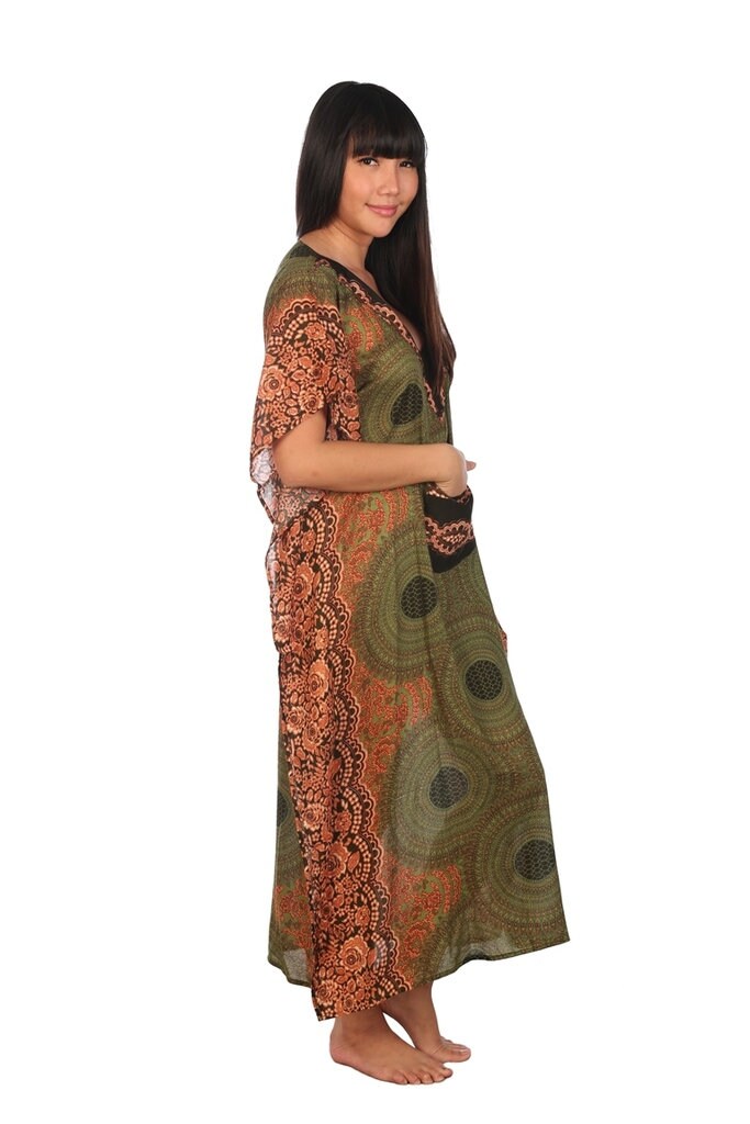 Handmade green floral kaftan dress with V-neck and front pocket