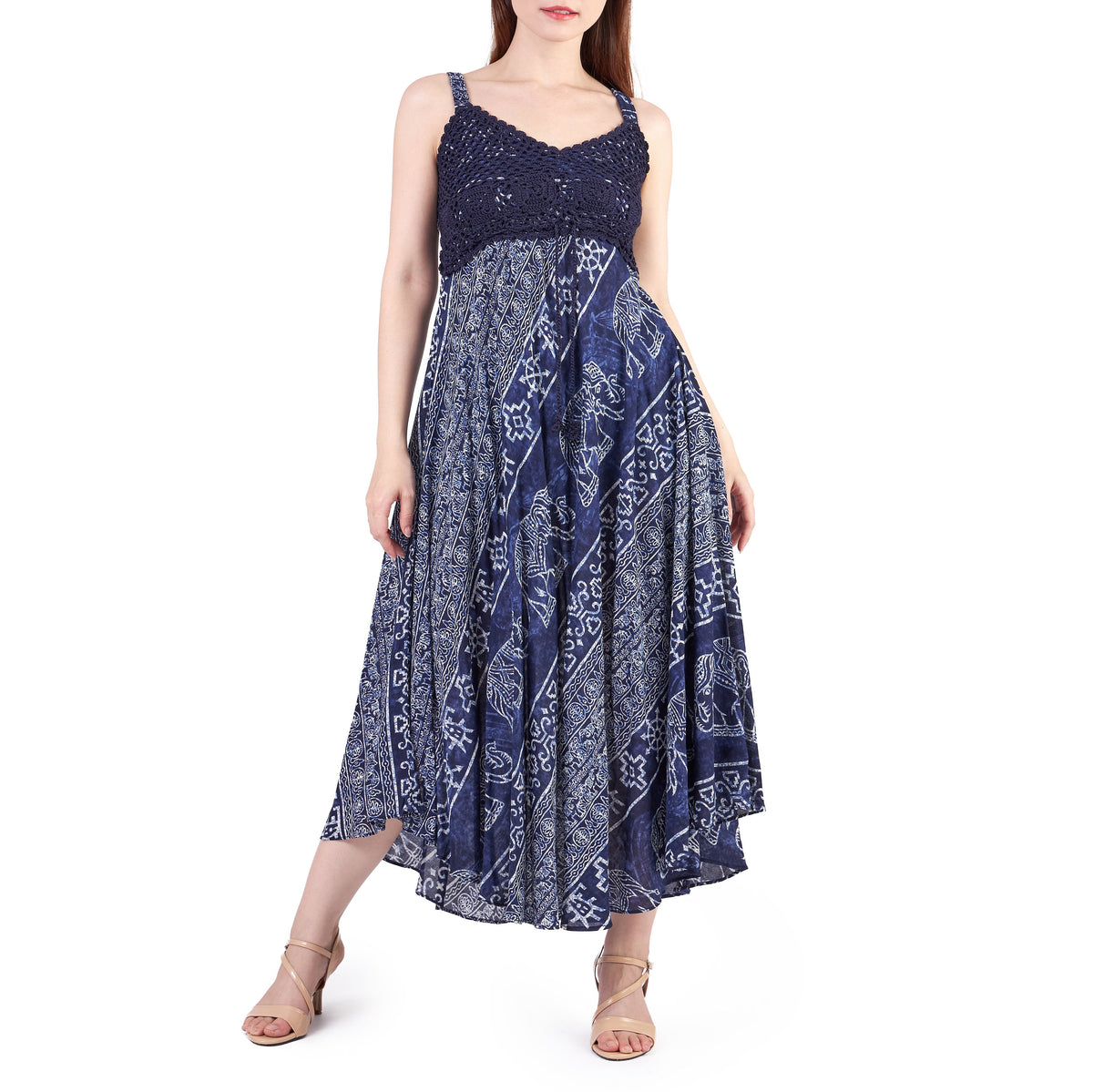 Handmade dark blue rayon sundress with crochet top and adjustable straps