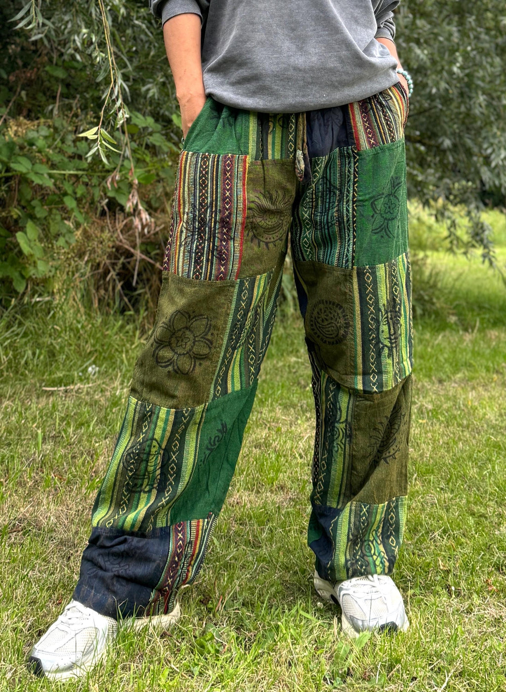 Handmade patchwork cotton pants unisex festival trousers front view