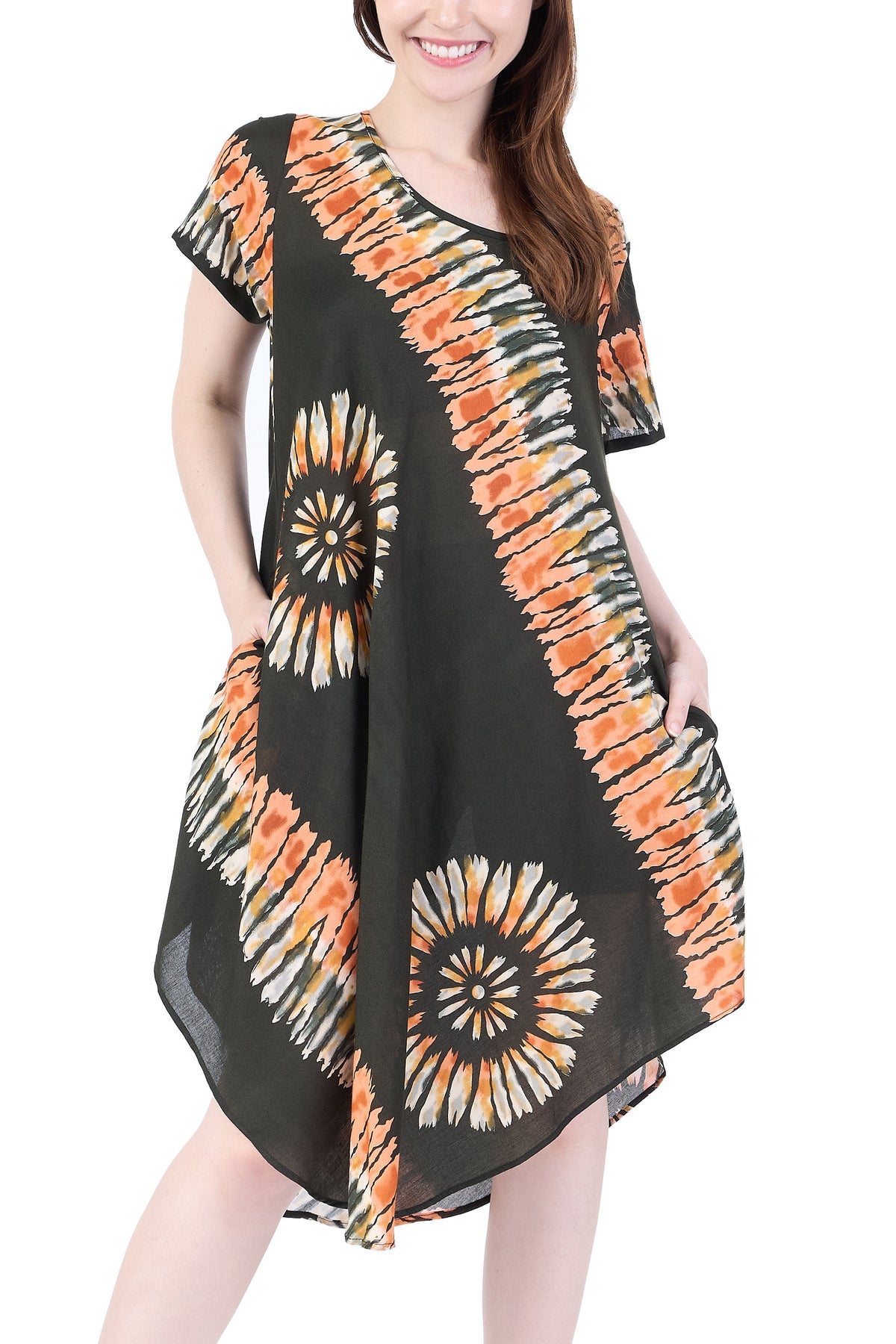 Lightweight green printed sundress with pockets for summer and beach