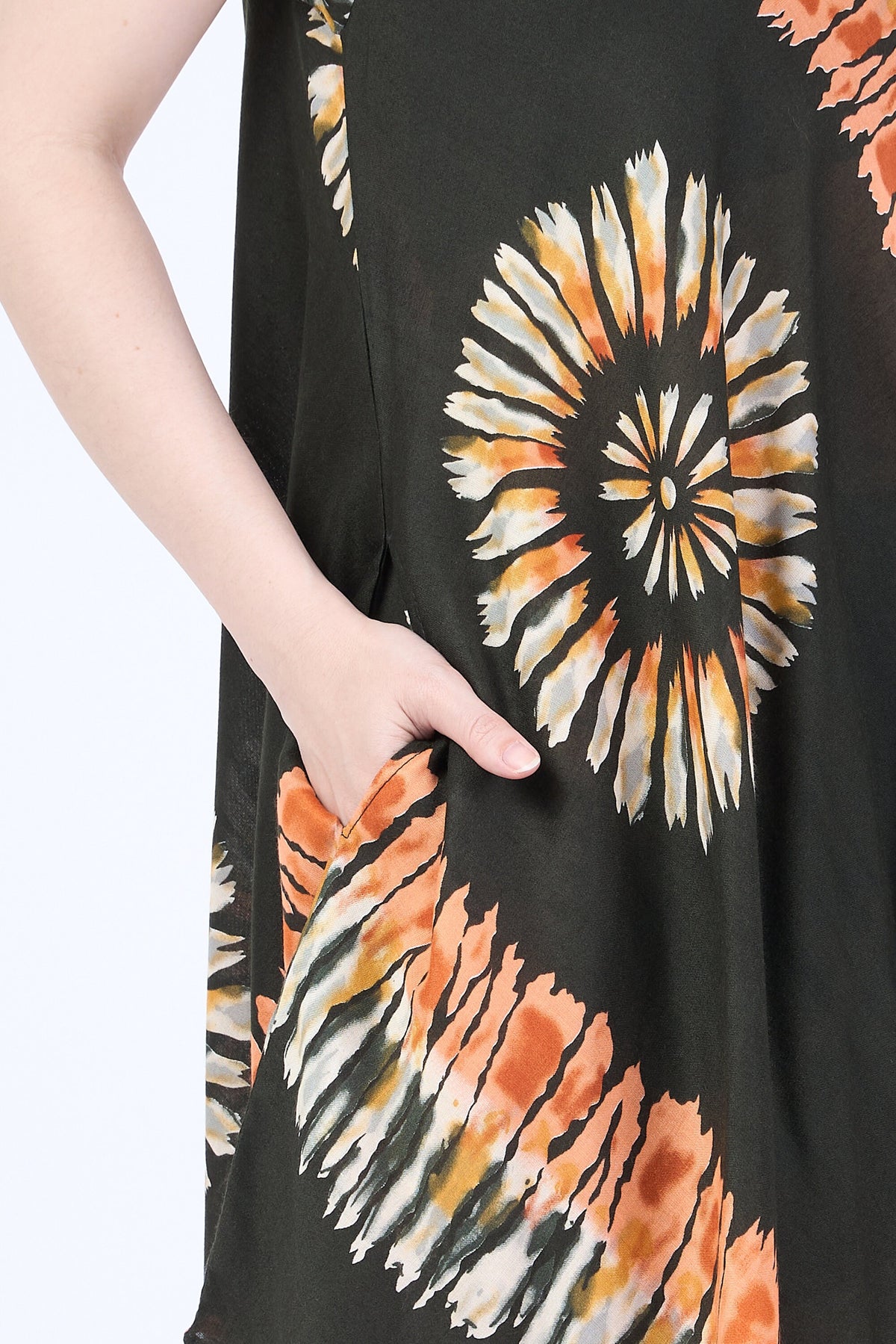 Women's handmade rayon dress with green print and side pockets