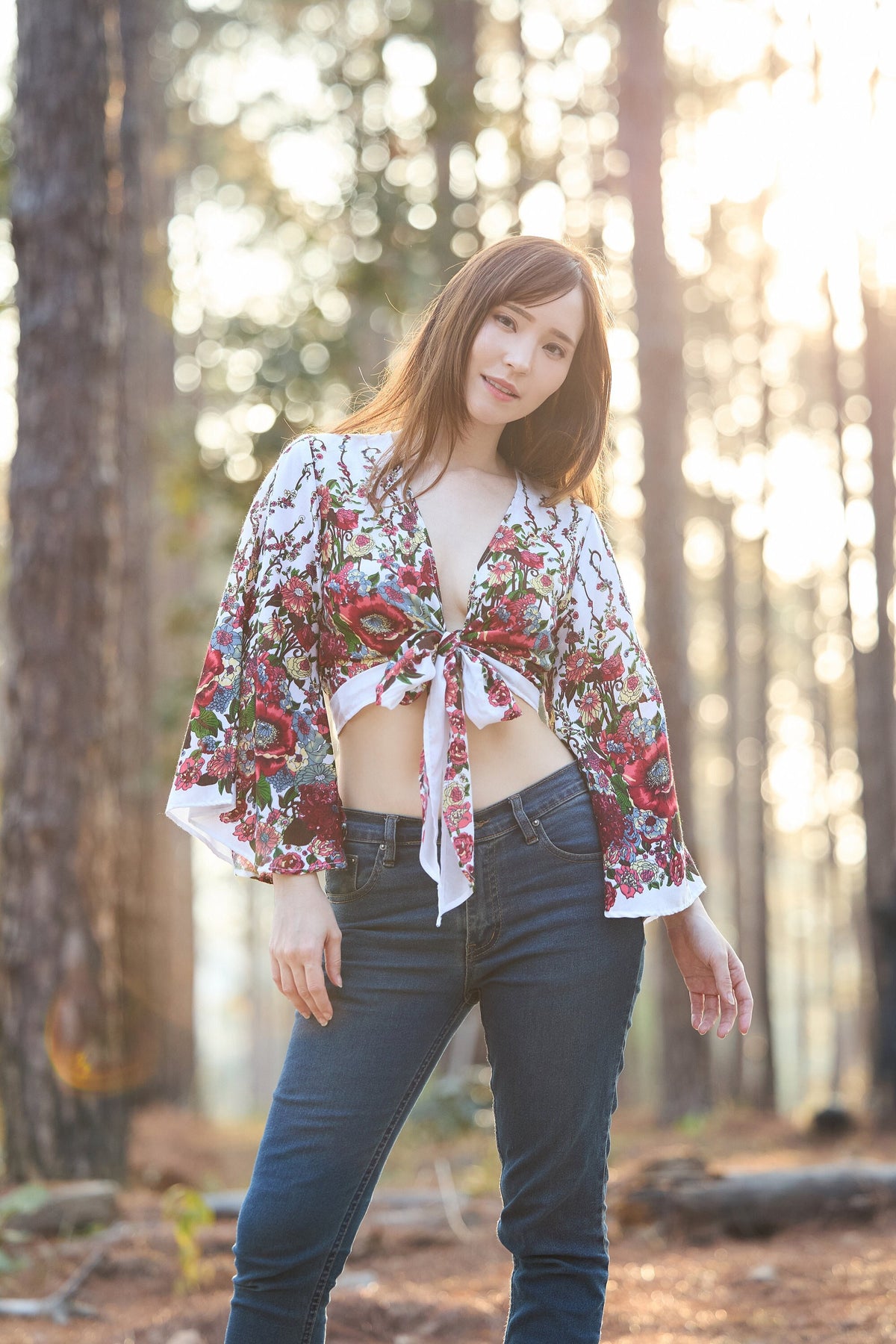 Handmade rayon boho wrap top with floral bell sleeves in white