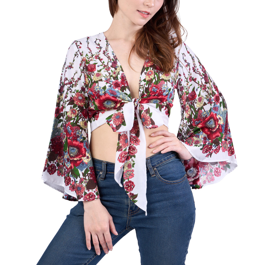Women's bohemian wrap blouse featuring soft rayon fabric and bell sleeves