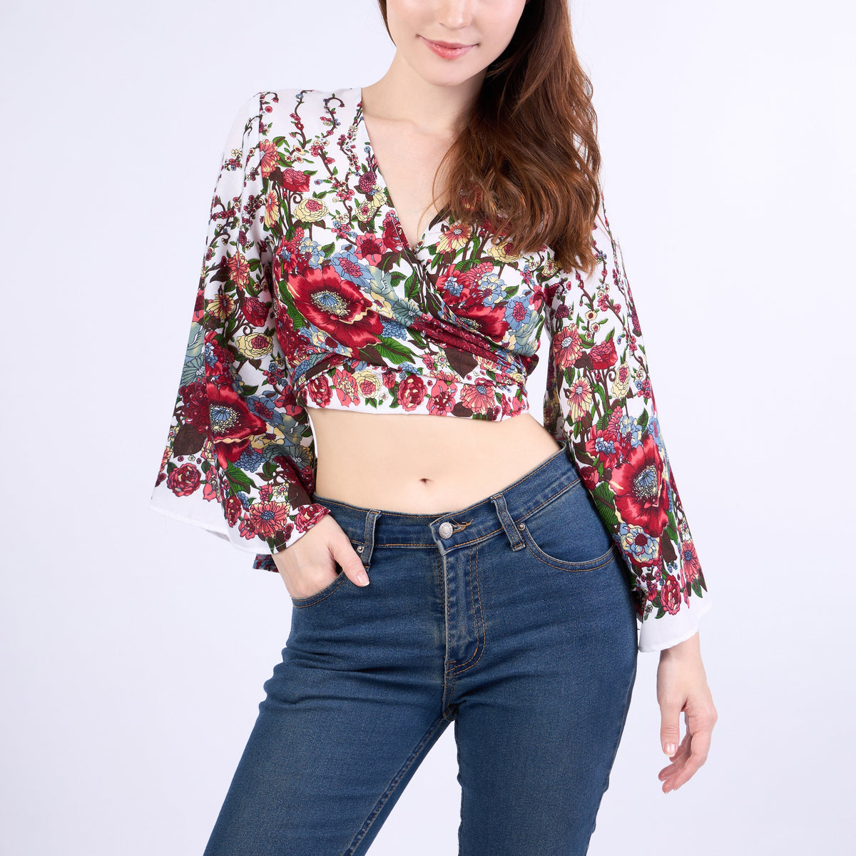 White rayon wrap top with bohemian style and floral bell sleeves
