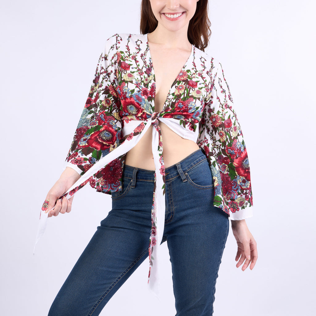 Rayon halter top with floral bell sleeves, handmade bohemian design