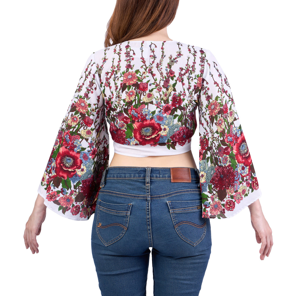 Lightweight rayon boho blouse with wrap front and bell sleeves