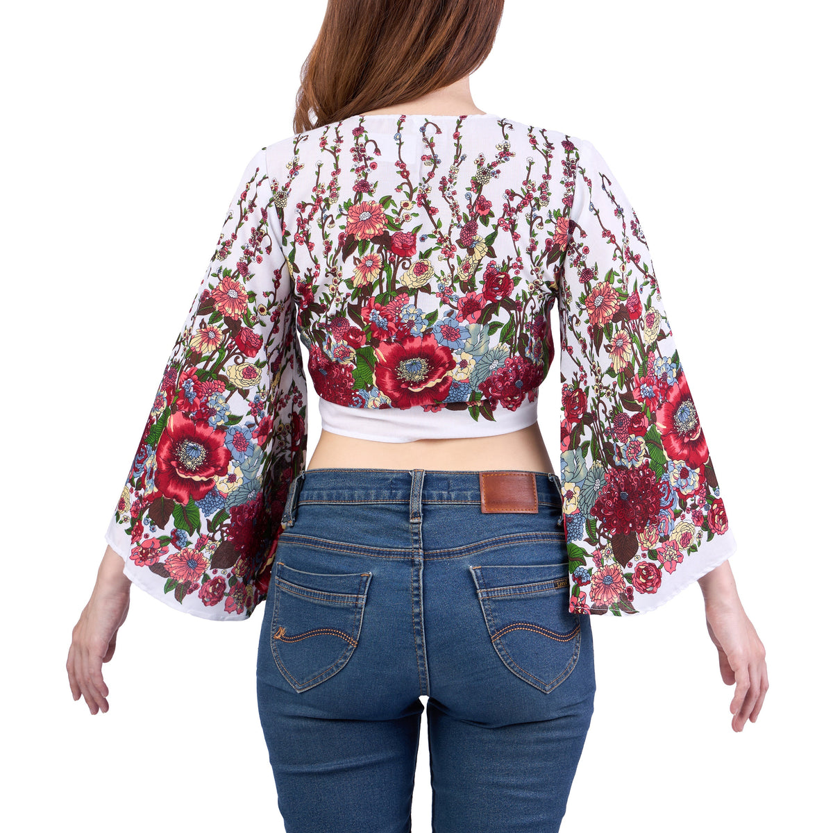 Lightweight rayon boho blouse with wrap front and bell sleeves