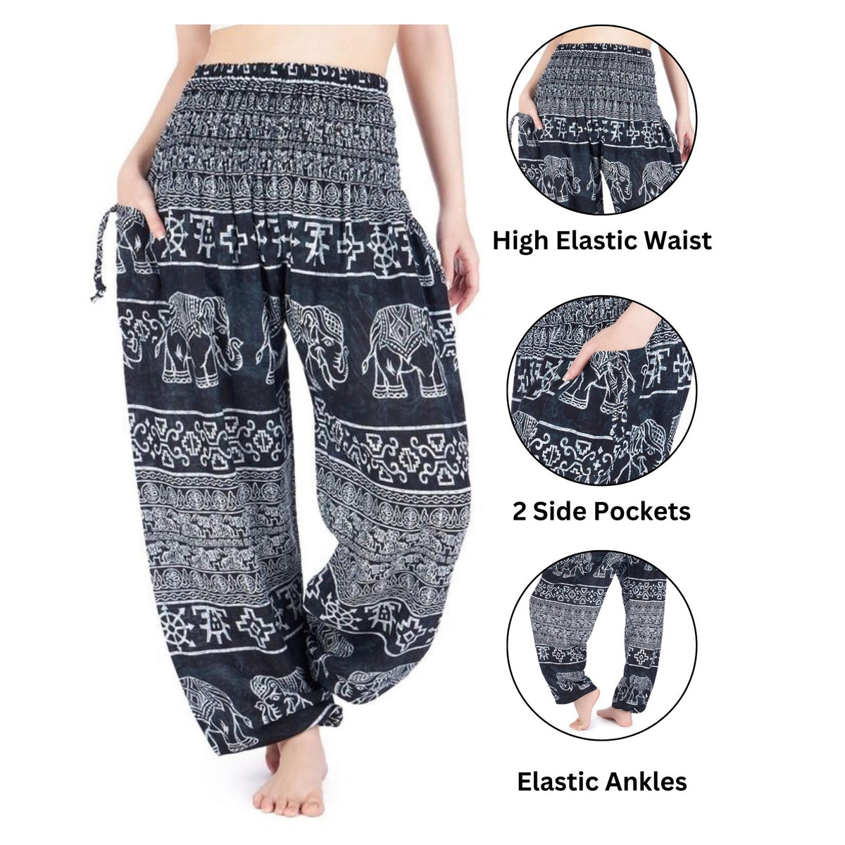 Elephant print boho harem pants with pockets, sizes S-XXL