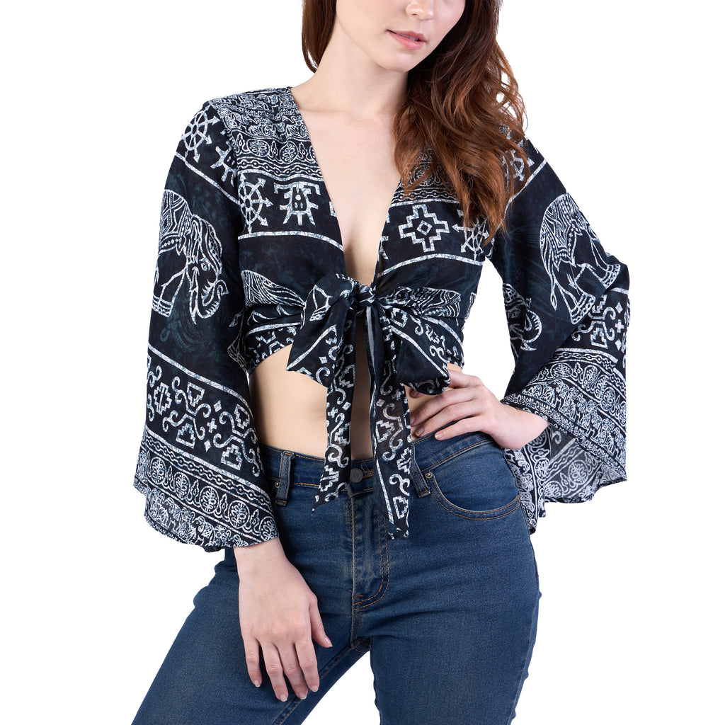 Boho blouse with bell sleeves and wrap design