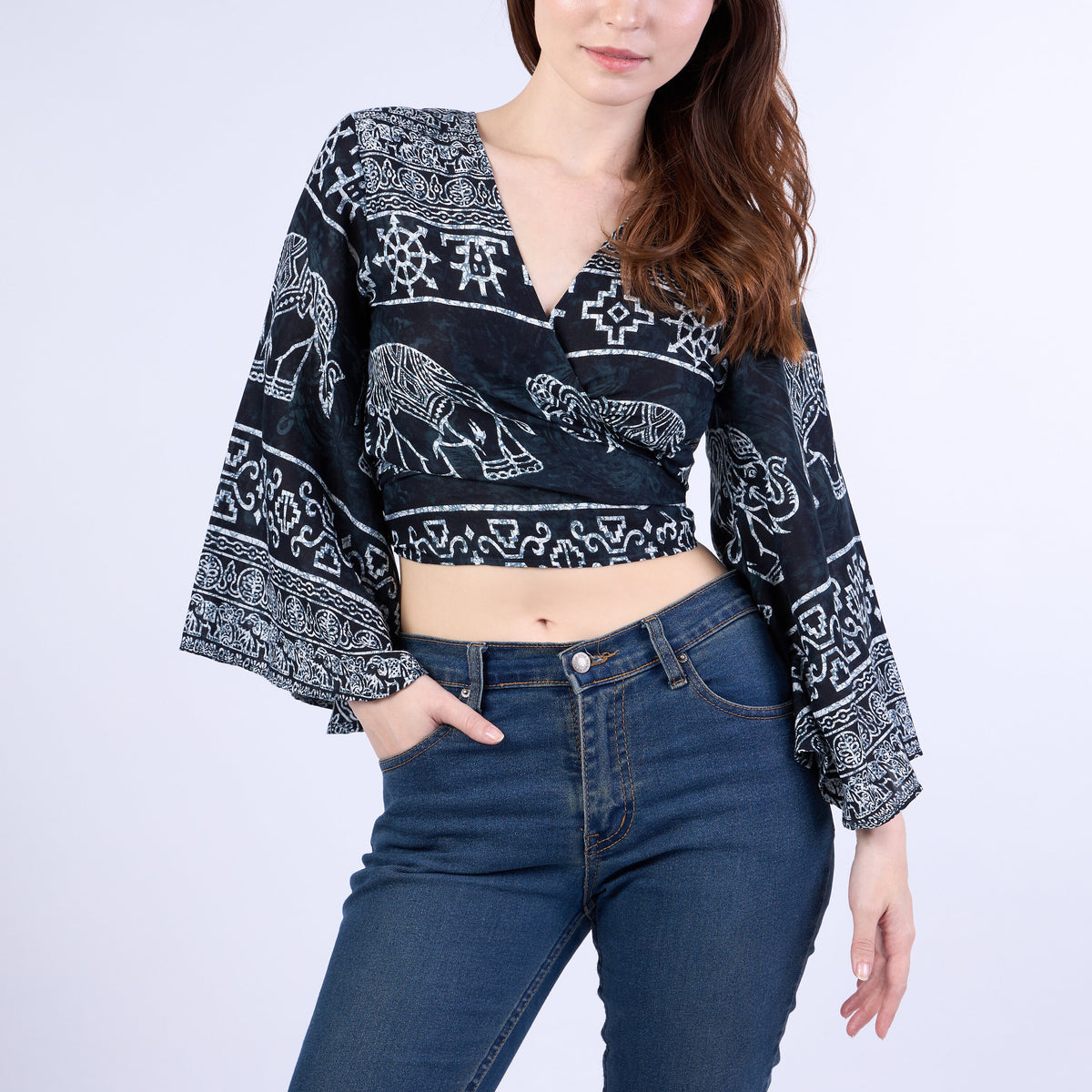 Versatile rayon wrap top worn tied at back, bohemian style